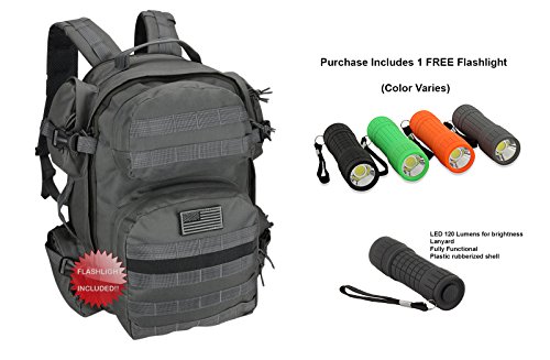 Large Gray Grey Expandable Tactical Molle 1.5L Hydration Ready Backpack Bag + Flashlight