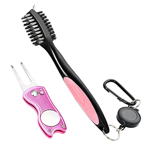 Mile High Life All Metal Foldable Golf Divot Tool with Magnetic Ball Marker & Club Groove Cleaner with Brush and Retractable Extension Cord Combo Set (2 Pack Fish Pink Divot/Pink Brush)