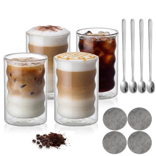 Juego de 4 Tazas de Café de Cristal 350ml – Vasos de Doble Pared de Vidrio Borosilicato con 4 Cucharillas y 4 Posavasos – Ideales para Café con Leche, Té, Latte, Macchiato y Espresso – Regalo para Pad