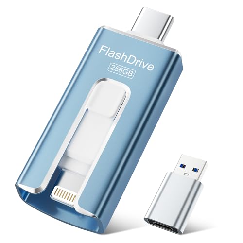 USB Flash Drive 256GB for iPhone, iPhone External Memory Stick with MFi Certification, USB 3.0 Flash Drive for Photos and Videos, 3-in-1 for Phone/iPad/Android/PC, USB 3.0 Memory Stick for Photos and Videos, Blue