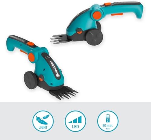 Set Forbici a batteria per erba ComfortCut Li: forbici per prato e manico telescopico con ruote, impugnatura comoda inclinabile con indicatore a LED, cambio lama senza utensili (9889-20)
