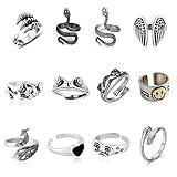 12 Pcs Silver Plated Frog Rings Set, Cute Animal