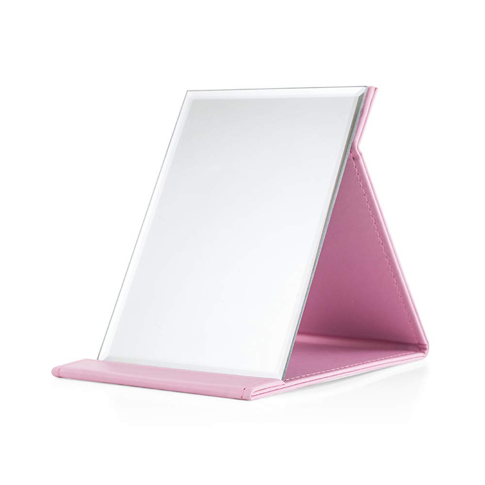 Hosoncovy PU Leather Folding Compact Travel Makeup Tabletop Mirror Desktop Vanity Mirror with Stand for Office Desk, Vanity Table, Camping (Pink)