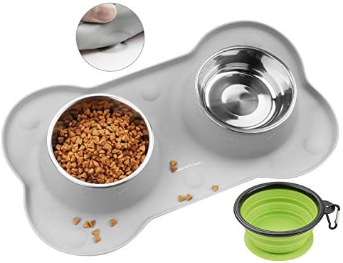 YOPINLIVE Double Dog Bowl, Pet Feeding Station, Stainless Steel Water and Food Bowls with Non Skid Non Spill Silicone Mat, Premium Quality Dog Bowl Holder for Mini Small Medium Dogs Cats Puppy