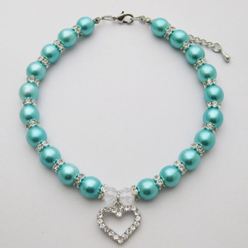 PETFAVORITES Engraved Crystal Heart Dog Necklace Jewelry with Bling Pearls Rhinestones Charm for Pets Cats Small Dogs Girl Teacup Chihuahua Yorkie Clothes Costume Outfits (Blue, Neck Size: 12"-14")