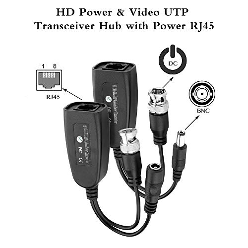 Ctronics UTP HD-CVI/TVI/AHD Passive Video Balun with Power Connector and RJ45 CAT5 Data Transmitter, Built in TVS for Surge Protection