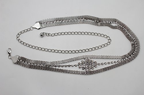 TFJ Women Silver Beads Narrow Fashion Belt Metal Chains Size S M L Silver