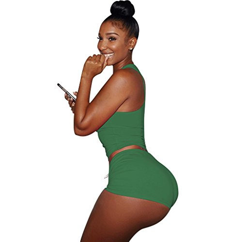 Womens Activewear Sports Sleeveless Tank Top+Shorts 2 Piece Outfits Set Tracksuits Green - Thumbnail 2