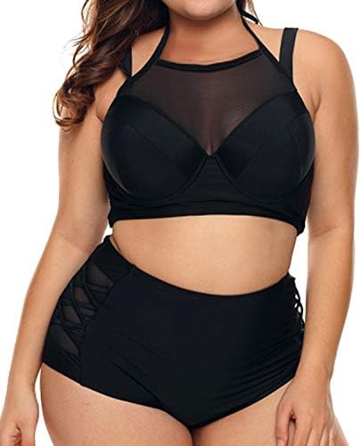 Women's Plus Size Swimsuit Two Piece High Waist Bikini Set Halter Bottom with Top Swimwear Bathing Suit Athletic Tankini