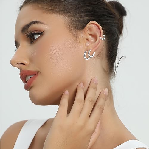 Silver Hoops Earrings for Women, 925 Sterling Silver Post Small Silver Hoop Earrings with AAA Cubic Zirconia, 3 Pairs Small Sleeper Hoops Huggie Hinged Earrings (8/10/12mm)