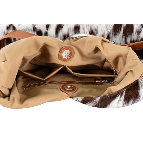 Genuine Cowhide Leather Hobo Shoulder Bag for Women Hair-On Hide Handbag with Adjustable Strap Natural Brown & White Cow Print Premium Leather Purse