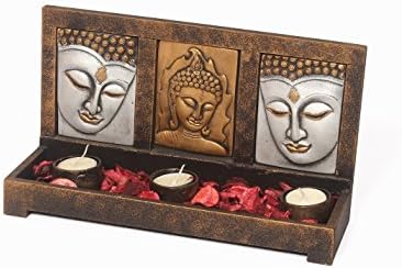 MeDecor Buddha Head Sculpture Zen Garden Set Three Tealight Candle Holders &amp; Wooden Display Tray, Black