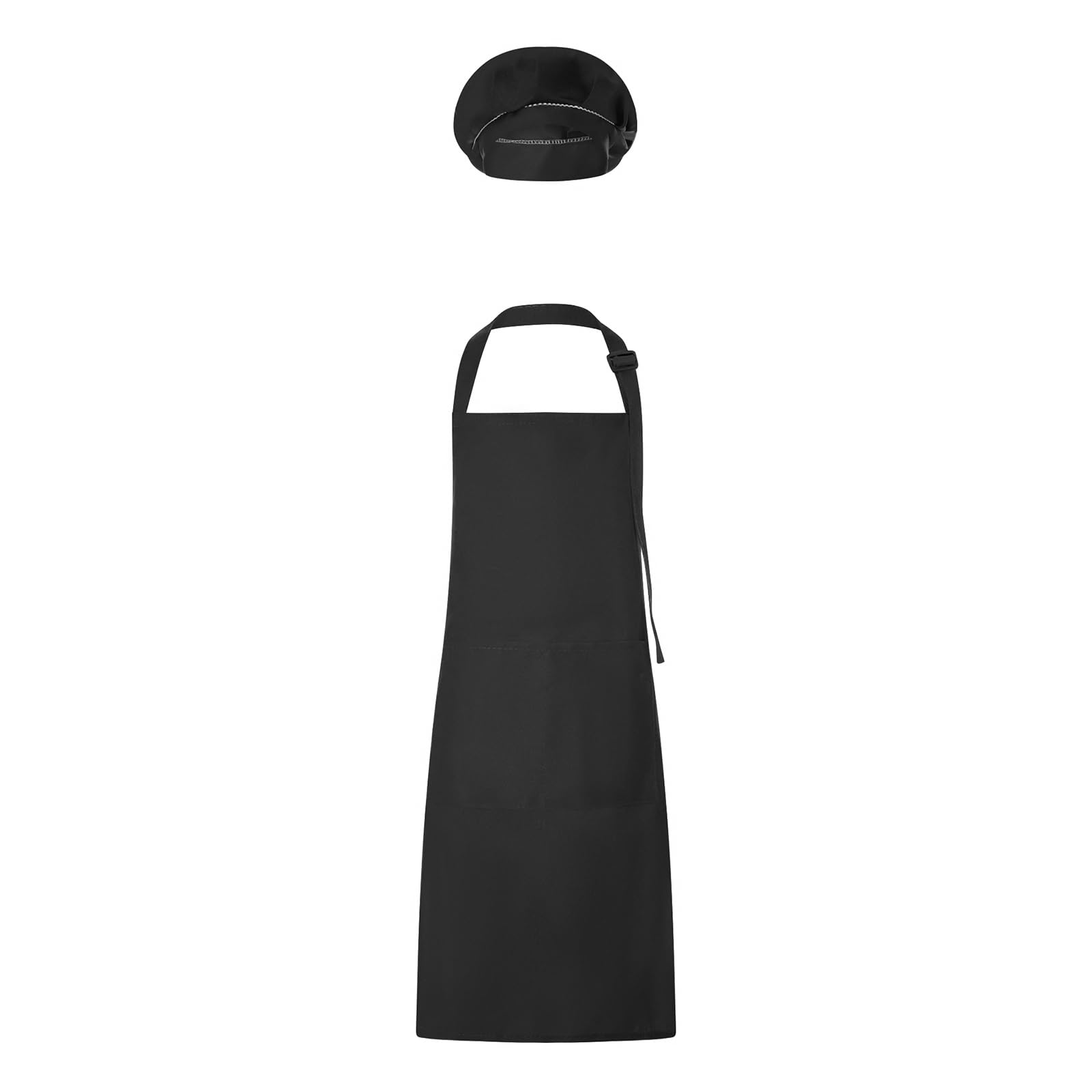 Carolilly Kids Apron and Hat Set, Adjustable Children Kitchen Chef Apron with Pockets + Elastic Band Cooking Cap (3-13 Years) (Black, 7-13 Years)