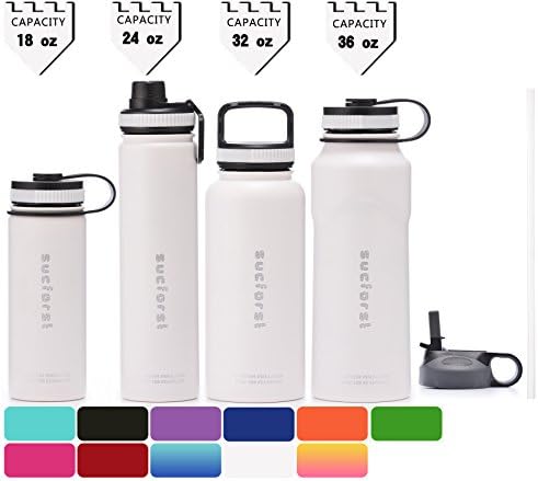SUCFORST Water Bottle +2 Extra Lids- Vacuum Insulated Stainless Steel Wide Mouth Travel Mug - Powder Coated Double-Walled Flask,36 oz,32 oz,24 oz,18 oz (24 oz, Milky white)