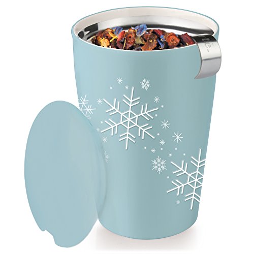Tea Forté KATI Cup Ceramic Tea Brewing Cup with Infuser Basket and Lid for Steeping, Loose Leaf Tea Maker, Blue Snowflake - Thumbnail 4