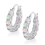 GEMSME 14K White Gold Plated Created Opal Hoop Earrings for Women