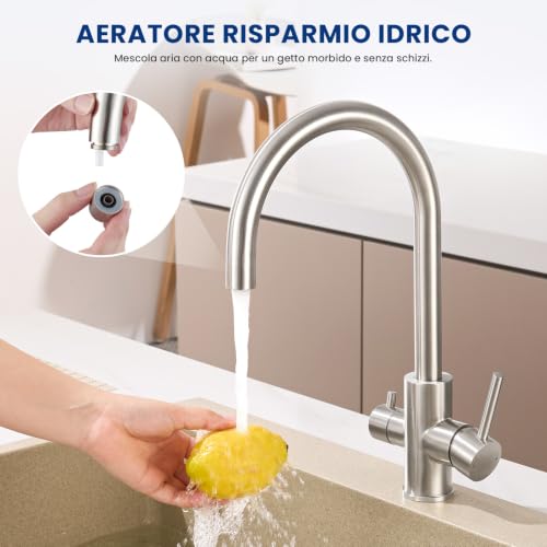 CECIPA Rubinetto Lavello Cucina, Rubinetto Filtro Acqua 3 Vie, 2 Maniglie | Miscelatore Osmosi Cucina per Depuratore, Girevole a 360°, Acqua Calda e Fredda, Acciaio Inox, Spazzolato