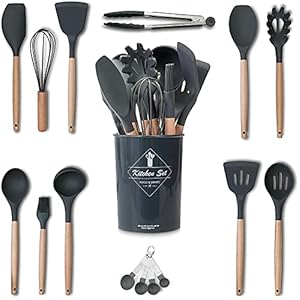 Kitchen-Utensil-Set-16-Piece-Silicone-Kitchen-Gadget-for-Cooking-Baking-Non-Stick-Non-Scratch-Cookware-Set-with-Wooden-Handle-Heat-Resistant-Silicon-Spatula-Tool-Set-with-Holder-Dark-Grey Kitchen Utensil Set - 16 Piece Silicone Kitchen Gadget for Cooking, Baking - Non Stick Non Scratch Cookware Set with…
