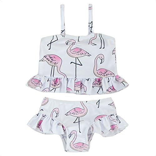 Warmbaby 2PCS Kids Swimwear Girl Cute Swimsuit Bikini Flamingo White 4T