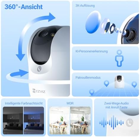 C6N G1 3K 5MP WLAN Überwachungskamera Innen, 360° PTZ, Personenerkennung, Auto-Zoom-Track, 2,4 GHz WiFi Kamera Indoor, Farbnachtsicht, Kompatibel mit Alexa, Keine Monatsgebühr