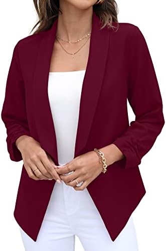 GRECERELLE Womens Blazer Suit Open Front Cardigan 3/4 Ruched