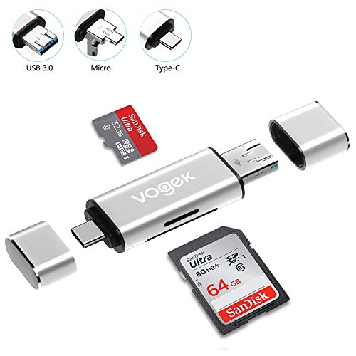 VOGEK SD Card Reader, Aluminum 3-in-1 USB 3.0/USB C/Micro USB Card Reader - SD, Micro SD, SDXC, SDHC, Micro SDHC, Micro SDXC Memory Card Reader for MacBook PC Tablets Smartphones, Silver - Thumbnail 6