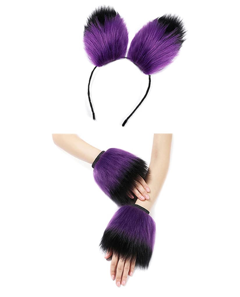 YJZQ Set Of 2 Faux Fluffy Fox Ears Paw Gloves Mitten Set Halloween Cosplay Fancy Dress Accessory Fox Headband Claw for Women Ladies,Purple