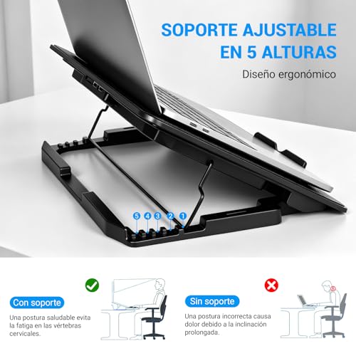 JDF3CISH Ventilador para Laptop y Base Enfriadora con 6 Ventiladores Silenciosos, Soporte Ajustable para Laptop Gamer 12-17.3", Cooling Pad con 5 Alturas, Soporte para Celular y Dual USB
