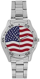 Red White Blue Star Stripe United States USA American Flag Men's Stainless Steel Analog Watch