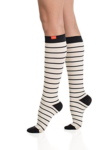 VIM & VIGR Women's 15-20 mmHg Compression Socks: Nautical Stripes - Cream & Black (Nylon) (Medium)