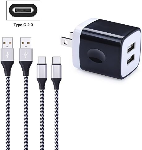 Wall Charger, Charging Block, FiveBox 2.1A Dual Port USB Wall Charger Case Plug Charger Base Cube Box with 2-Pack 6ft USB Type C Charger Cable Cord for Google Pixel 2, Moto Z X4, Nexus 5X 6P, LG V20
