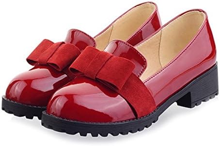 Milesline Womens Round Toe Patent Leather Slip On Shoes Sweet Bow Mid Heel Loafer
