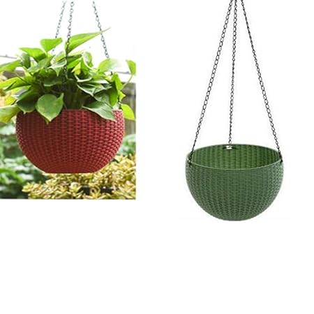 Antier (Maroom and Dark Green) 2 pcs Round Plastic Resin Chain Basket Hanging Planter Hanging Flowers and Plants,Growers