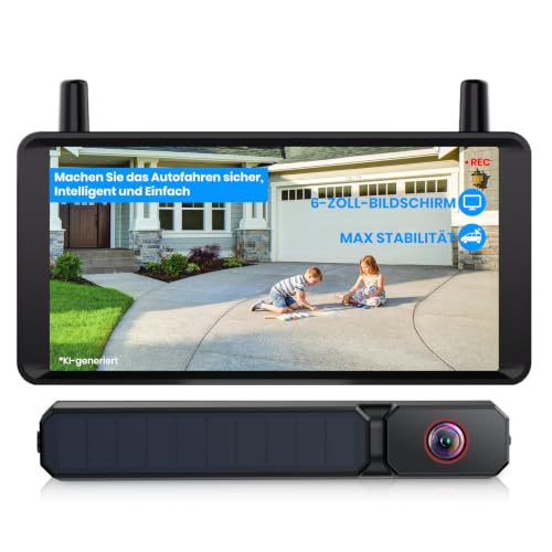 AUTO-VOX 6 Inch Solar Reversing Camera Wireless 2 Mins Quick Install | 16:9 1080P display, 2 channel split screen, supports DVR recording, IP69K waterproof for cars, trucks, trailers