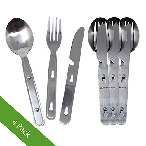 Zelica Stainless Steel Cutlery Set | 3 Piece Attachable Eating Utensils for Camping& Hiking, Outdoors (4 Pack)