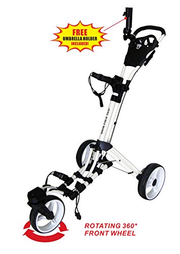 Qwik-Fold 360 Swivel 3 Wheel Push Pull Golf CART - 360* Rotating Front Wheel - ONE Second to Open & Close! (White/White)