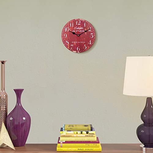 SkyNature Wooden Wall Clock, Silent Non-Ticking Battery Operated Quartz Movement, Large Arabic Numerals Vintage Rustic Decorative Clock for Living, Dining, Bedroom, Kitchen - 12 Inch, Distressed Red