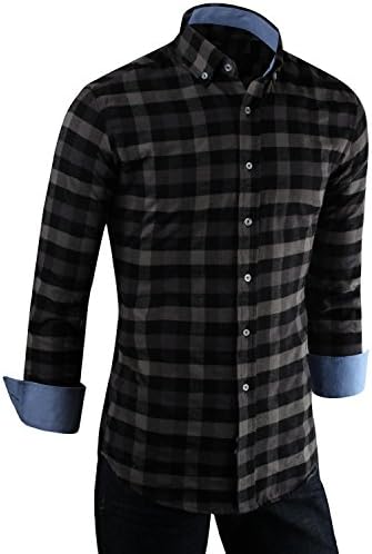 Mabssi Mens Long Sleeve Casual Button Down Plaid Shirts, BLACKGREY, XXX-Large