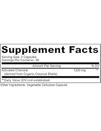 Carbón de coco activado orgánico de 1200 mg, 180 cápsulas de píldoras para sistema digestivo,...