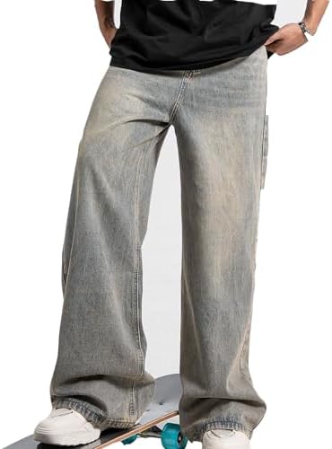 HZCX FASHION Men Large Baggy Jeans Tapered Leg Jogger Washed Denim