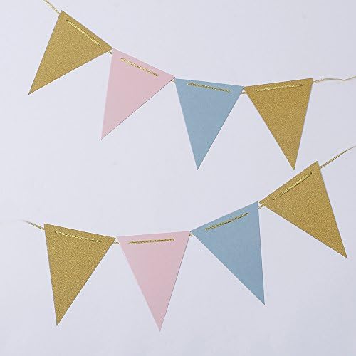 ZOOYOO 10 Feet Glitter Pennant Banner, Paper Triangle Flags Bunting for Baby Birthday Party, Wedding Decor, Baby Shower, 15pcs Flags, Pack of 2 (Gold, Pink, Light blue)