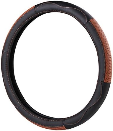 QUEES2017 Steering Wheel Cover-Genuine Leather, Heavy Duty, Thick, Elegant, Anti-Slip, 15 inch Middle Size - Black&amp;Orange