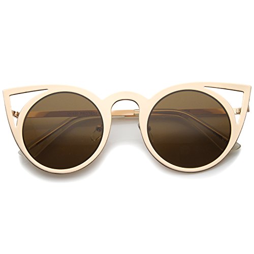 Womens Fashion Round Metal Cut-Out Flash Mirror Lens Cat Eye Sunglasses (Gold/Brown)