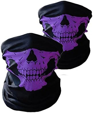 DAMINFE Skull Face Shield Mask 2 Pieces For Motorcycle, Breathable Multifunction Protective Tube Neck Warmer Scarf Soft Headwear Bandanna For Women and Men (Purple)