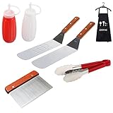 JCT Griddle Accessories BBQ Grill Spatula Tools Set Scraper Grilling Tools 7 Pcs Barbecue Griddle Kit With Waterproof BBQ Apron - Perfect For Flat Top Cooking, Camping And Party Gift For Man
