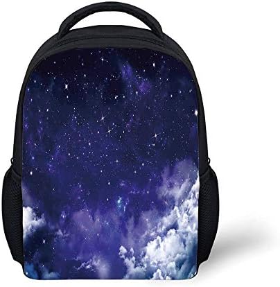 Kids School Backpack Space,Dreamy Night Stars Clouds Comets Ethereal Evening Surreal Calm Scene Picture,Purple Grey Plain Bookbag Travel Daypack