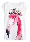 Futurino Women's Garland Flamingo Print Crewneck Short Sleeve T-Shirt Top Tees M White