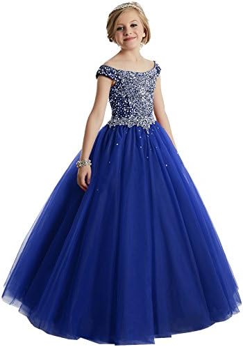 Kirmoo Tulle Girls' Bateau Crystal Floor Length Pageant Gowns (Royal Blue, Size 10)