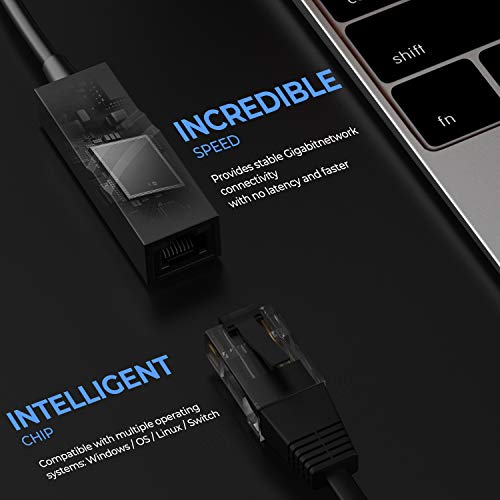 USB C to Ethernet Adapter, Portable 1-Gigabit Network Hub, 10/100/1000 Mbps, for MacBook Pro 2016/2017/2018, Chromebook, XPS, Galaxy S9/S8, and More