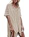 shermie Swimsuit Cover Ups for Women Short Sleeve V Neck Side Slit Loose Casual Mesh Knit Crochet Top Beige